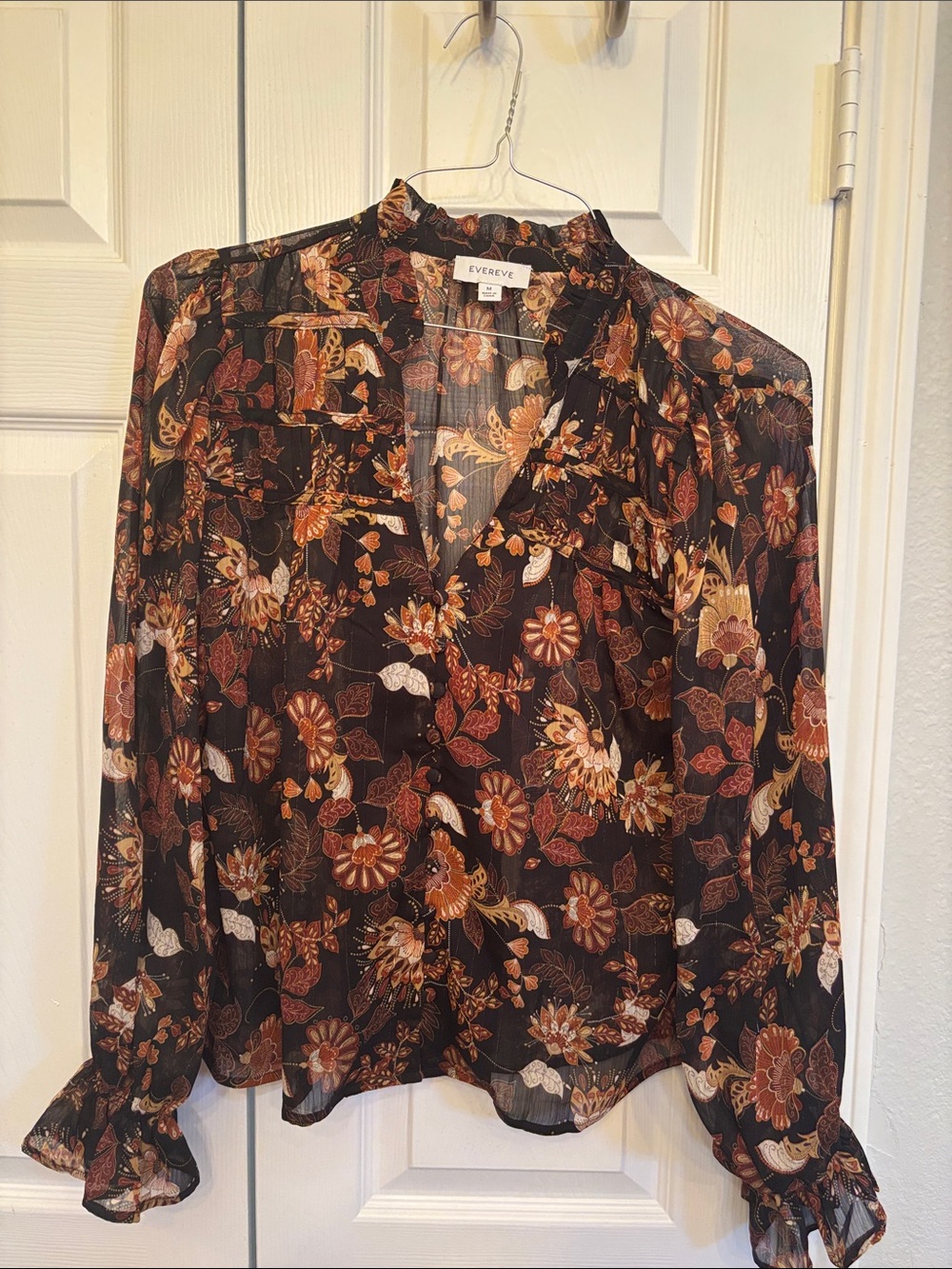 Evereve Black Floral Rust and Cream Sheer Blouse